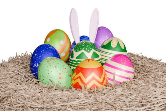Festive Easter egg arrangement with bunny ears in straw