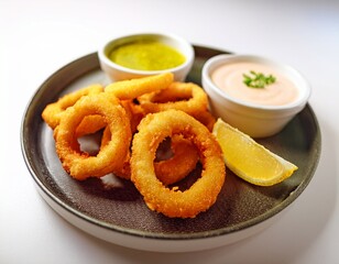 Fotografía de estudio profesional de un Plato de anillos de calamares fritos con boles pequeños de limón y salsa picante de alioli, de fondo blanco, 4k, ultra realista.