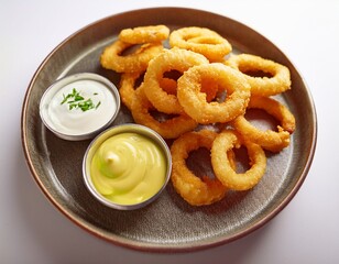 Fotografía de estudio profesional de un Plato de anillos de calamares fritos con boles pequeños de limón y salsa picante de alioli, de fondo blanco, 4k, ultra realista.