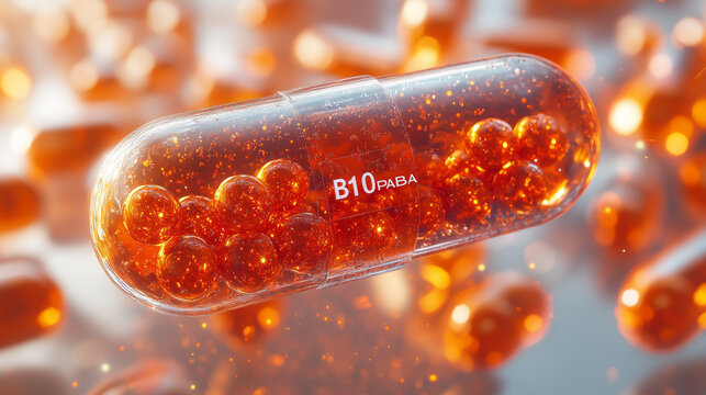 Bright orange capsule filled with shimmering beads representing B10 PABA in a vibrant laboratory setting