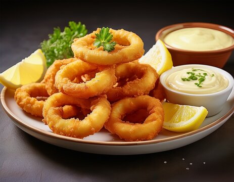 Fotograf&iacute;a de estudio profesional de un Plato de anillos de calamares fritos con boles peque&ntilde;os de lim&oacute;n y salsa picante de alioli, de fondo blanco, 4k, ultra realista.
