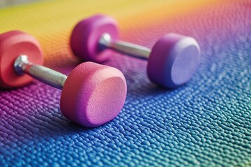 Close-up view of brightly colored foam dumbbells resting on a textured yoga mat, creating an inviting atmosphere for workout sessions and promoting a healthy lifestyle