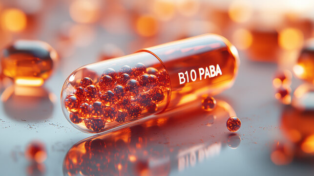 Bright orange capsule containing B10 PABA supplement surrounded by smaller orange beads on a reflective surface in a well-lit setting