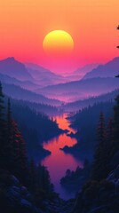 Obraz premium Majestic Sunset Over Serene Mountain Valley with Calm River