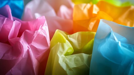 A bunch of colorful tissue paper bags are piled on top of each other. The bags are of different colors and sizes, creating a vibrant and lively scene. Concept of joy and celebration