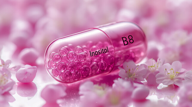 Inositol B8 capsule surrounded by delicate pink flowers in a tranquil setting during daylight