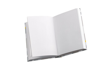A blank book levitating in the air, showcasing its open, white pages for writing, design, or reading. Perfect for educational materials, publishing, or business presentations. Isolated on background.