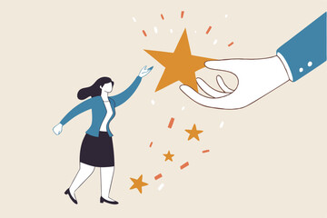 Employee success recognition, encourage and motivate best performance, cheering or honor on success or achievement concept, winning confidence businesswoman standing on big hand getting star reward.