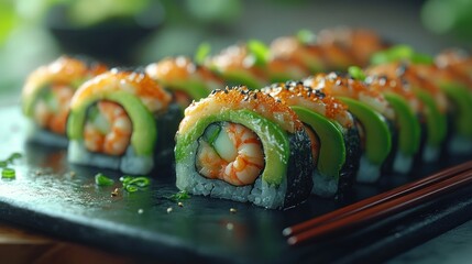 Delicious shrimp avocado sushi rolls on slate, restaurant setting