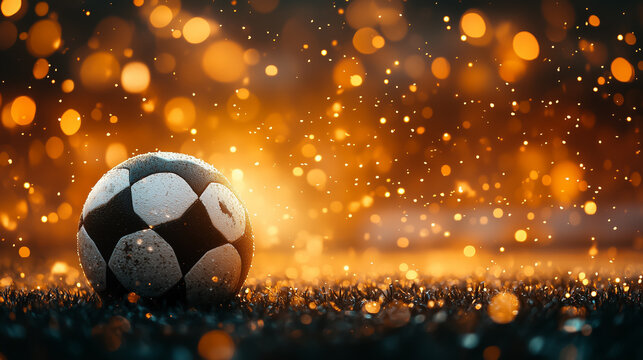 Soccer ball resting on wet grass in a dramatic light with shimmering effects during twilight hours