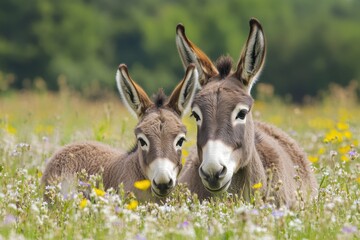 Fototapeta premium Adorable Baby Donkey Nestled by Its Mother in a Blooming Meadow