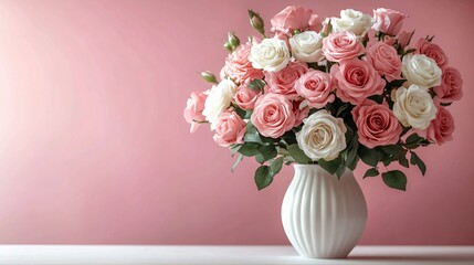 Obraz premium A serene bouquet of delicate roses in a chic white vase, perfect for Mother's Day, women's events, or any romantic occasion, featuring ample space for text integration.