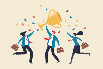 Success work achievement or team victory, winner or leadership, career success or champion celebration, winning award concept, joyful business people team colleagues celebrate success winning trophy.