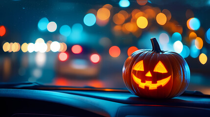 Radiant pumpkin on car dashboard, setting a cozy and festive halloween mood - ultra hd image-. Metropolis of Light Beams. Illustration