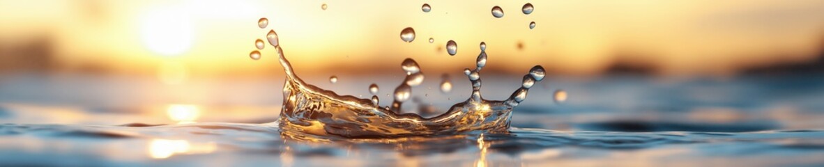 Water droplets create ripples in a serene environment during sunset reflecting warm hues on calm waves