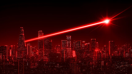 Fototapeta premium Red light beam over futuristic city at night. Metropolis of Light Beams. Illustration