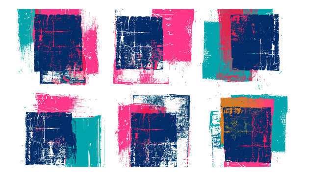 Abstract vector glitch effect stamp overprint with distressed grunge texture, vignette boxes isolated on transparent background, retro, vintage, noisy, distortion, overlay, printmaking, scratch