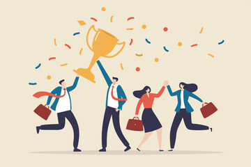 Success work achievement or team victory, winner or leadership, career success or champion celebration, winning award concept, joyful business people team colleagues celebrate success winning trophy.