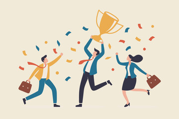 Success work achievement or team victory, winner or leadership, career success or champion celebration, winning award concept, joyful business people team colleagues celebrate success winning trophy.