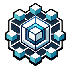 Obraz premium Blockchain technology emblem or logo network connecting cubes representing a decentralized system, ensuring secure and transparent transactions in the digital realm