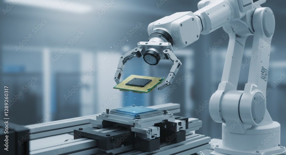 Poster robotic arm assembling computer processor in high-tech factory. automated manufacturing of microchip