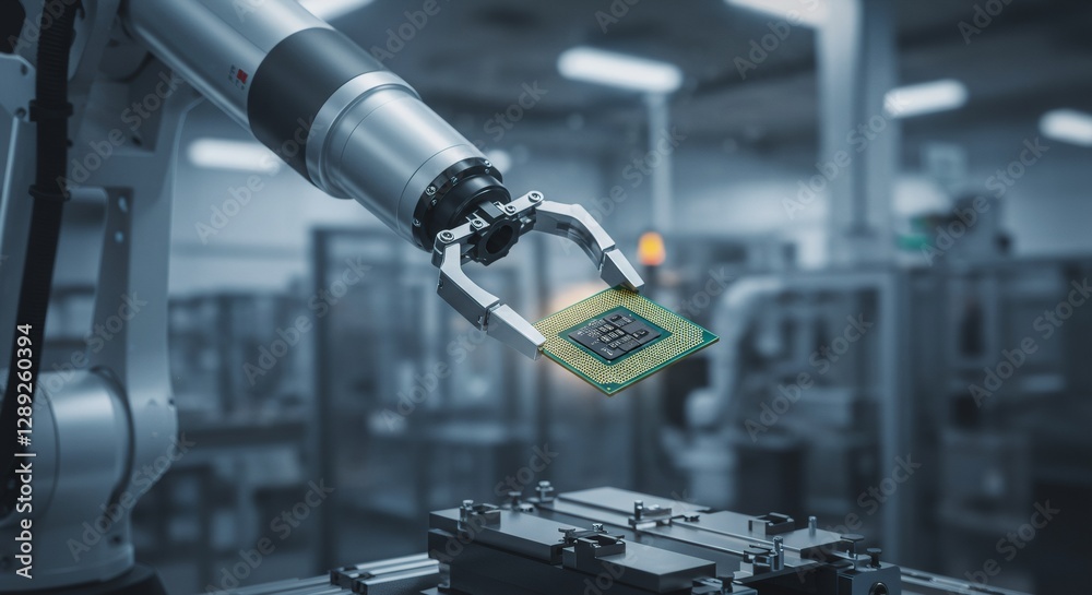 Poster robotic arm holding computer chip in modern factory. automated assembly line for microchip productio