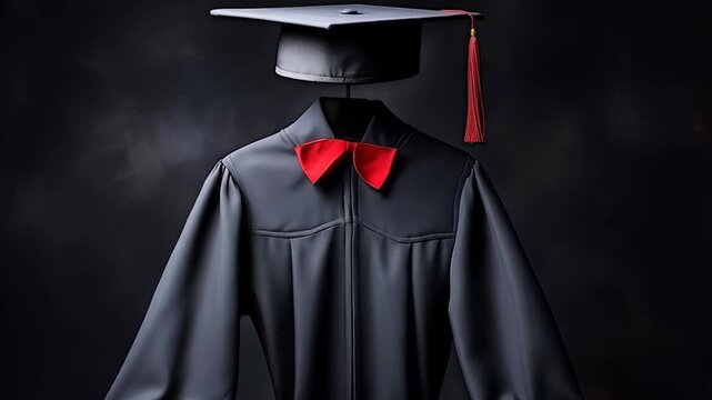 Graduate wearing red bow tie and classic mortarboard, representing academic milestone and personal accomplishment against clean white backdrop