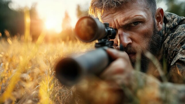 This image shows a hunter with a keen expression, aiming his rifle in a sunlit field. The contrast of light highlights the dedication and focus required in hunting.