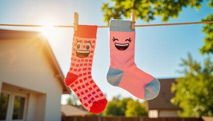 Playful socks laughing on clothesline in sunny backyard, levity & laughter