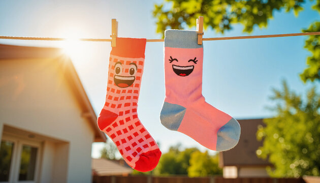 Playful socks laughing on clothesline in sunny backyard, levity & laughter