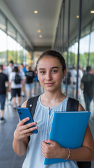 Fototapeta premium A young girl standing in a school hallway holding a phone and blue folders, symbolizing education, youth, and modern technology in an academic environment. 15 year old girl