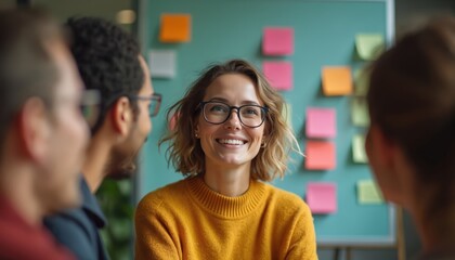 Confident female leader inspires diverse team at business workshop. Empowering collaboration, innovation during meeting. Woman smiles, wearing glasses, stands before colleagues. Successful strategy