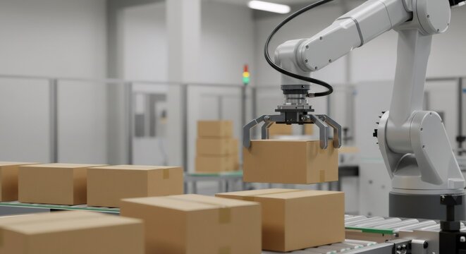 Robotic arm lifting cardboard box from conveyor belt in automated warehouse. Smart logistics, packaging, and sorting system for Industry 4.0 manufacturing
