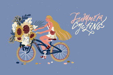 Cute pedaling female bicyclist. Flat cartoon vector illustration.