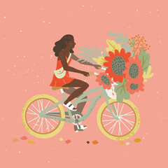 Cute pedaling female bicyclist. Flat cartoon vector illustration.