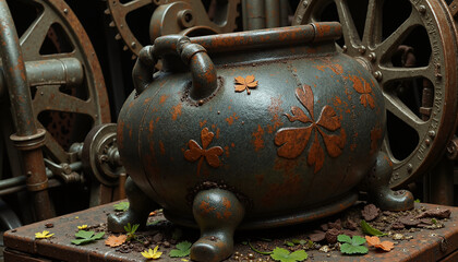 Fototapeta premium Rusty Decorated Pot of Gold Surrounded by Leaves and Gears with Copy Space