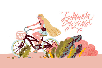 Cute pedaling female bicyclist. Flat cartoon vector illustration.