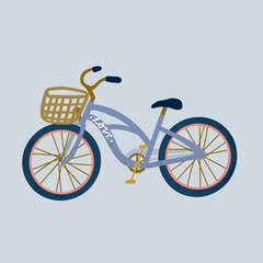 blue city bicycle with a  basket in front. Vector illustration.