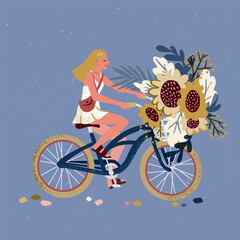 Cute pedaling female bicyclist. Flat cartoon vector illustration.
