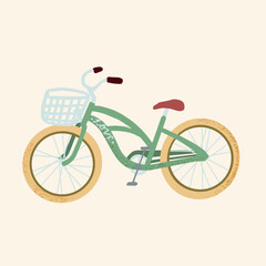 Green city bicycle with a  basket in front. Vector illustration.