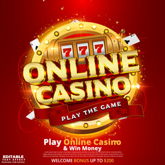 Play online casino and win money. Lucky vegas online casino gambling poster design with editable 3d text effect, poker card, and slot machine on a red background