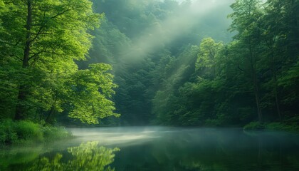Fototapeta premium Misty morning in lush green forest, sunlight beams through trees reflecting on calm water. Tranquil and serene nature scene