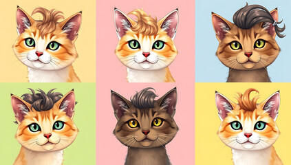 Fototapeta premium Six-panel digital artwork, each panel features a cat with a unique, exaggerated hairstyle, bright solid background colors, whimsical and lighthearted mood