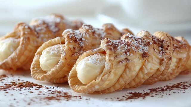 Delicious sicilian cannoli filled with ricotta cheese and sprinkled with cocoa powder on a white background
