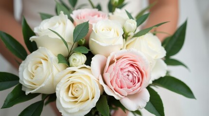 Obraz premium White roses and pink peonies in a bridal bouquet, green leaves, satin ribbon, elegant wedding style.