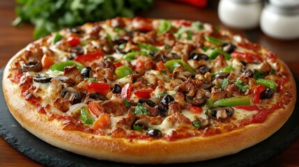 Delicious veggie pizza on wood table, herbs background, food menu