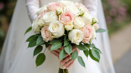 Obraz premium White roses and pink peonies in a bridal bouquet, green leaves, satin ribbon, elegant wedding style.