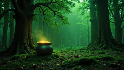 Enchanted Pot of Gold in a Lush Forest for St. Patrick’s Day with Copy Space
