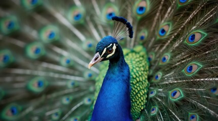 Fototapeta premium A close-up of a peacock’s fanned-out tail, capturing the intricate details and iridescent colors of the feathers with sharp focus and a blurred background