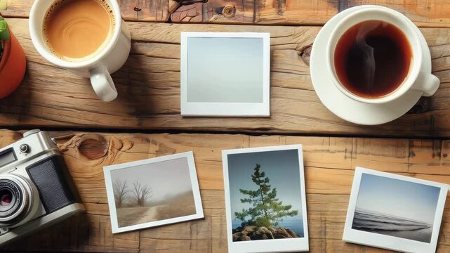 Vintage camera capturing landscape instant photos near steaming coffee mugs resting on rustic wooden surface, reflecting nostalgic photography memories